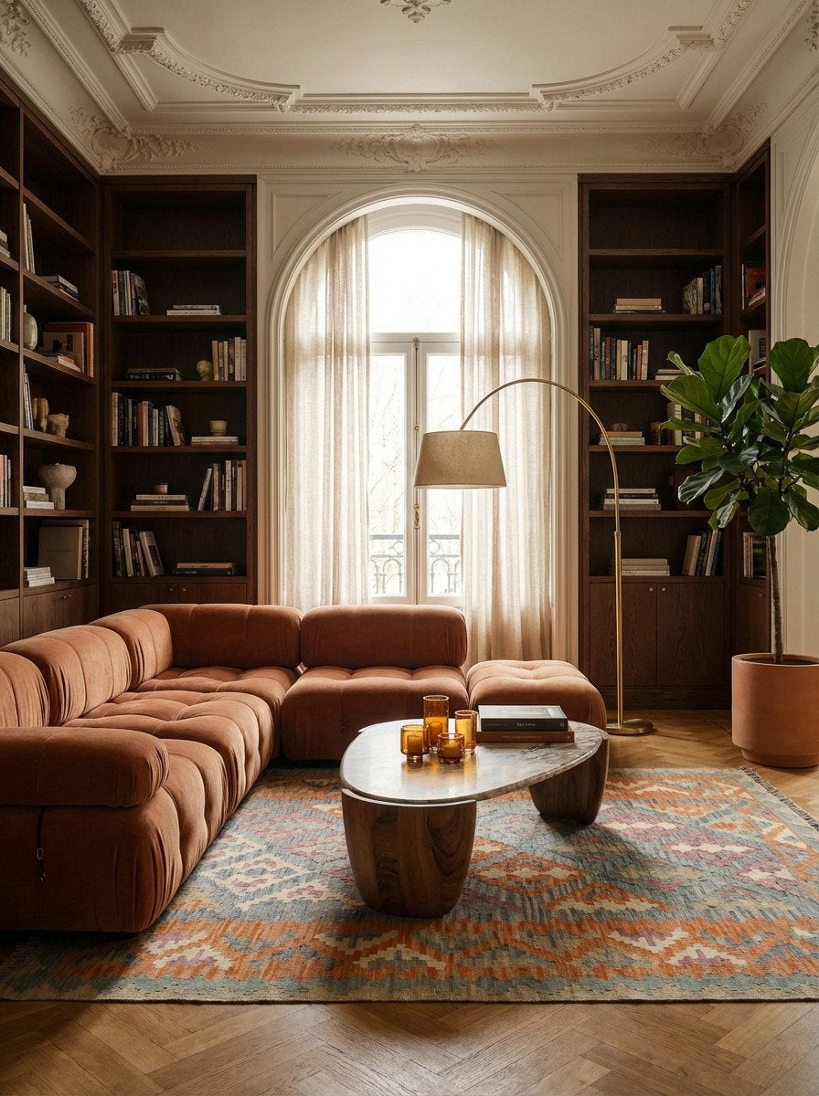 Kelim Gashgai — Handgefertigt, 213x158 cm, Orange, 100% Virgin Wool | Back view