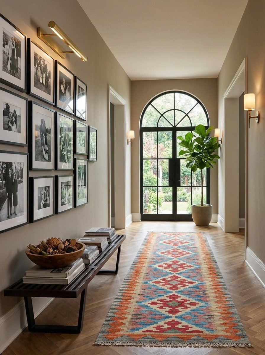 Kelim Gashgai — Handgefertigt, 191x59 cm, Orange, 100% Virgin Wool | Detail view