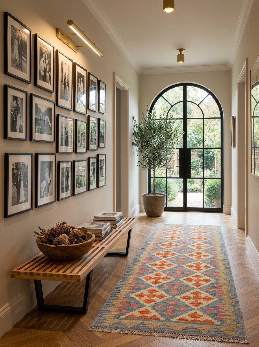 Kelim Gashgai — Handgefertigt, 239x85 cm, Grau, 100% Virgin Wool | Detail view