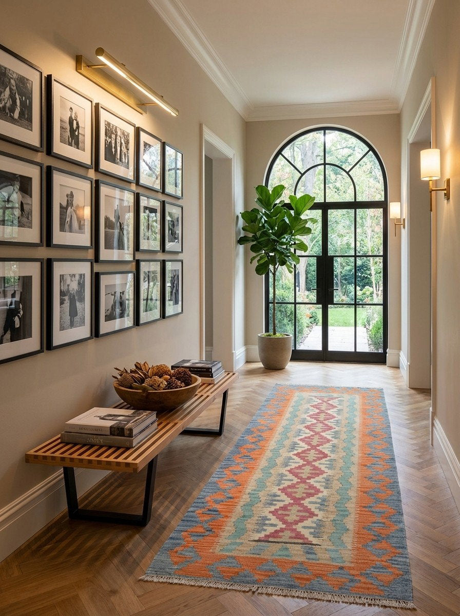 Kelim Gashgai — Handgefertigt, 243x87 cm, Rot, 100% Virgin Wool | Detail view