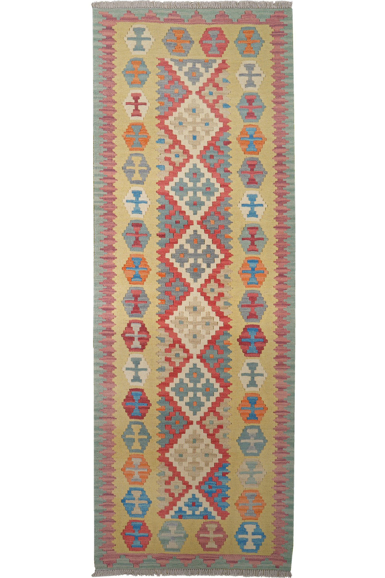 Kelim Gashgai — Handgefertigt, 241x85 cm, Gelb, 100% Virgin Wool | Main view