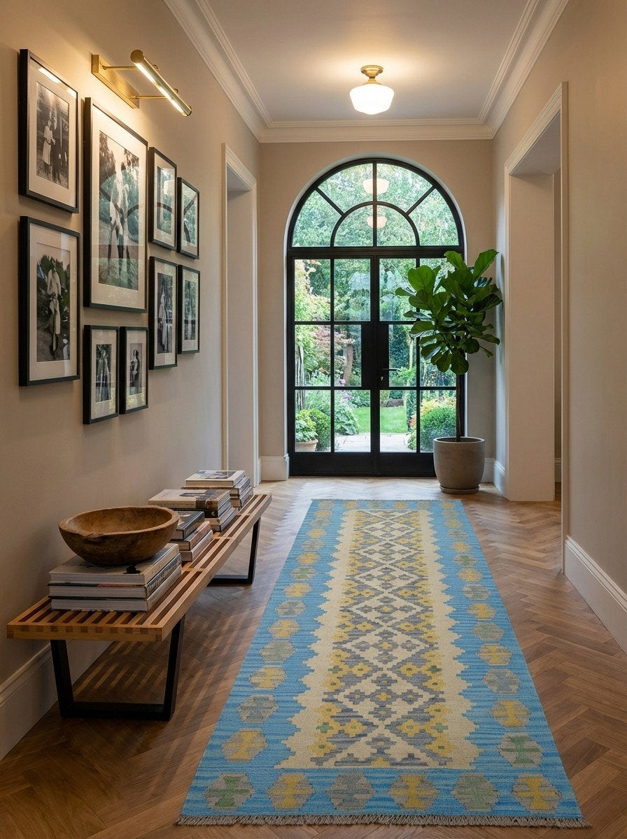 Kelim Gashgai — Handgefertigt, 249x88 cm, Blau, 100% Virgin Wool | Detail view