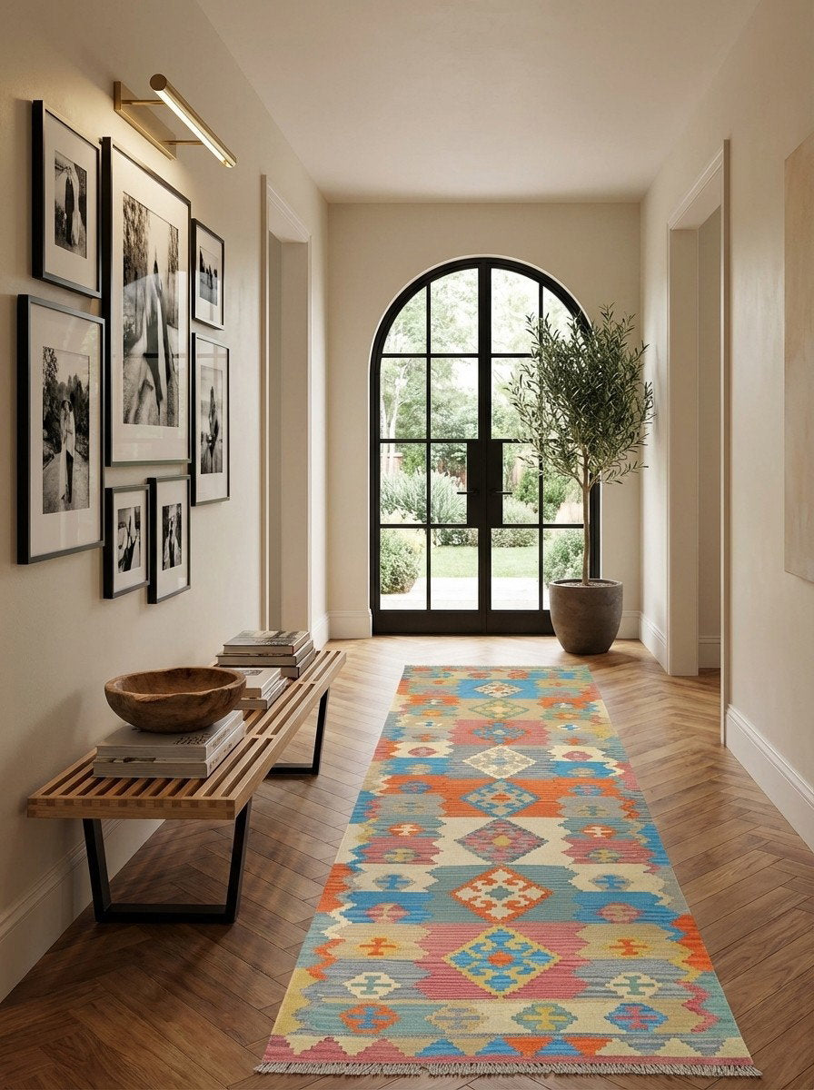 Kelim Gashgai — Handgefertigt, 299x100 cm, Bunt, 100% Virgin Wool | Detail view