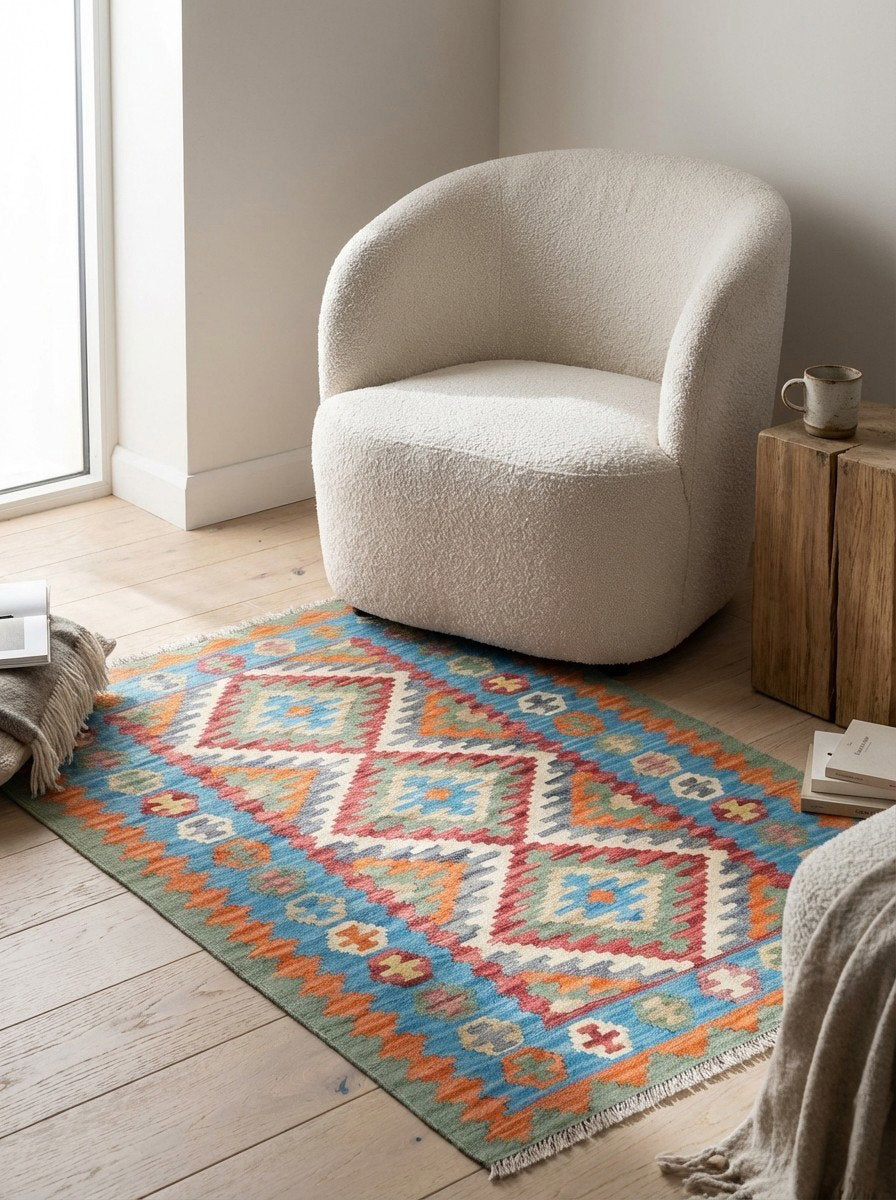 Kelim Gashgai — Handgefertigt, 159x105 cm, Blau, 100% Virgin Wool | Detail view