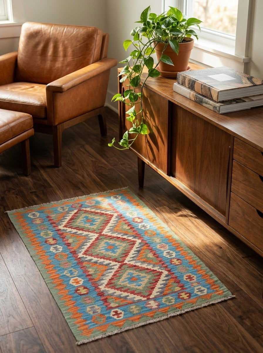 Kelim Gashgai — Handgefertigt, 159x105 cm, Blau, 100% Virgin Wool | Back view