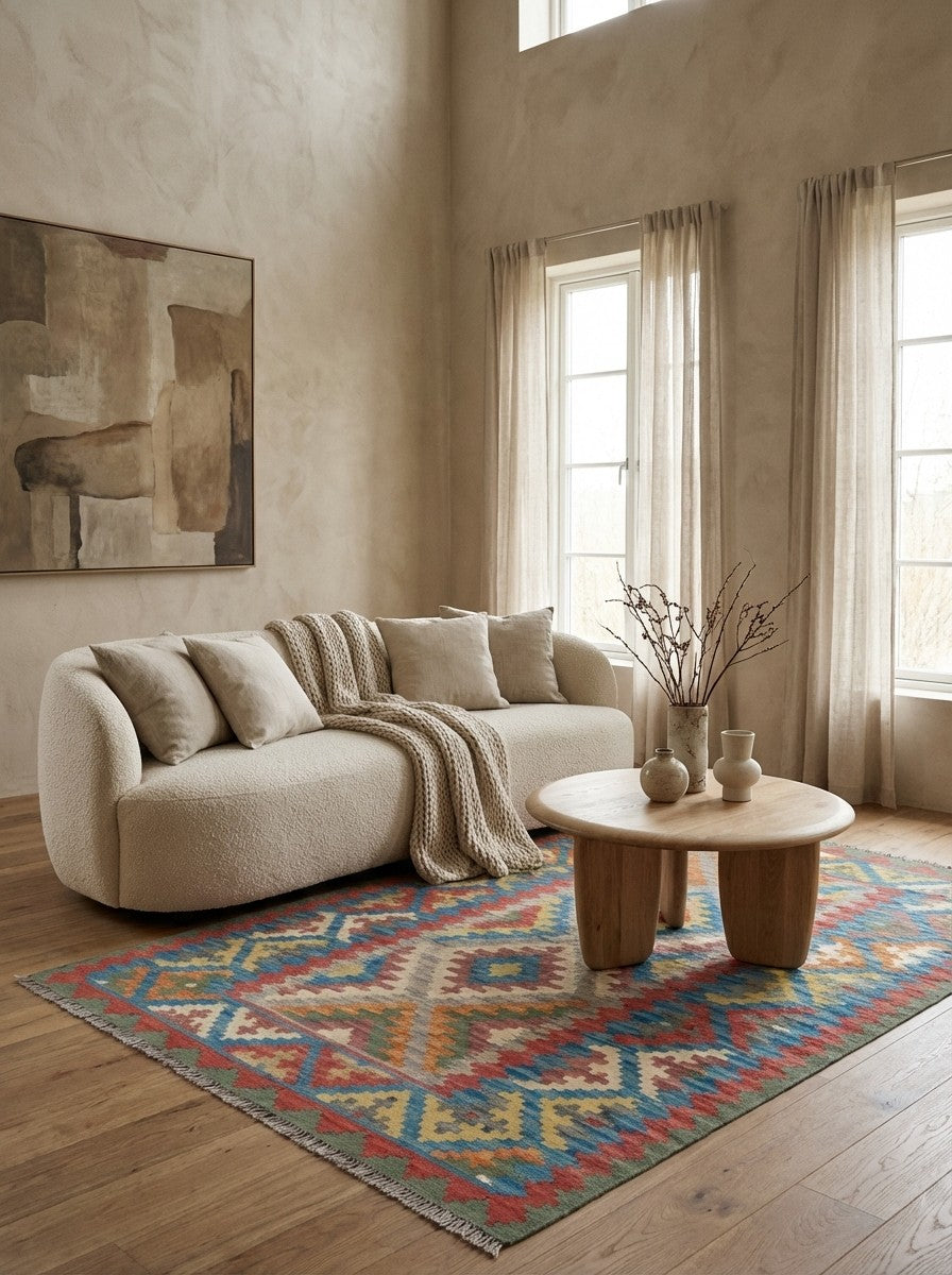 Kelim Gashgai — Handmade, 123x175 cm, Grey, 100% Virgin Wool | Detail view