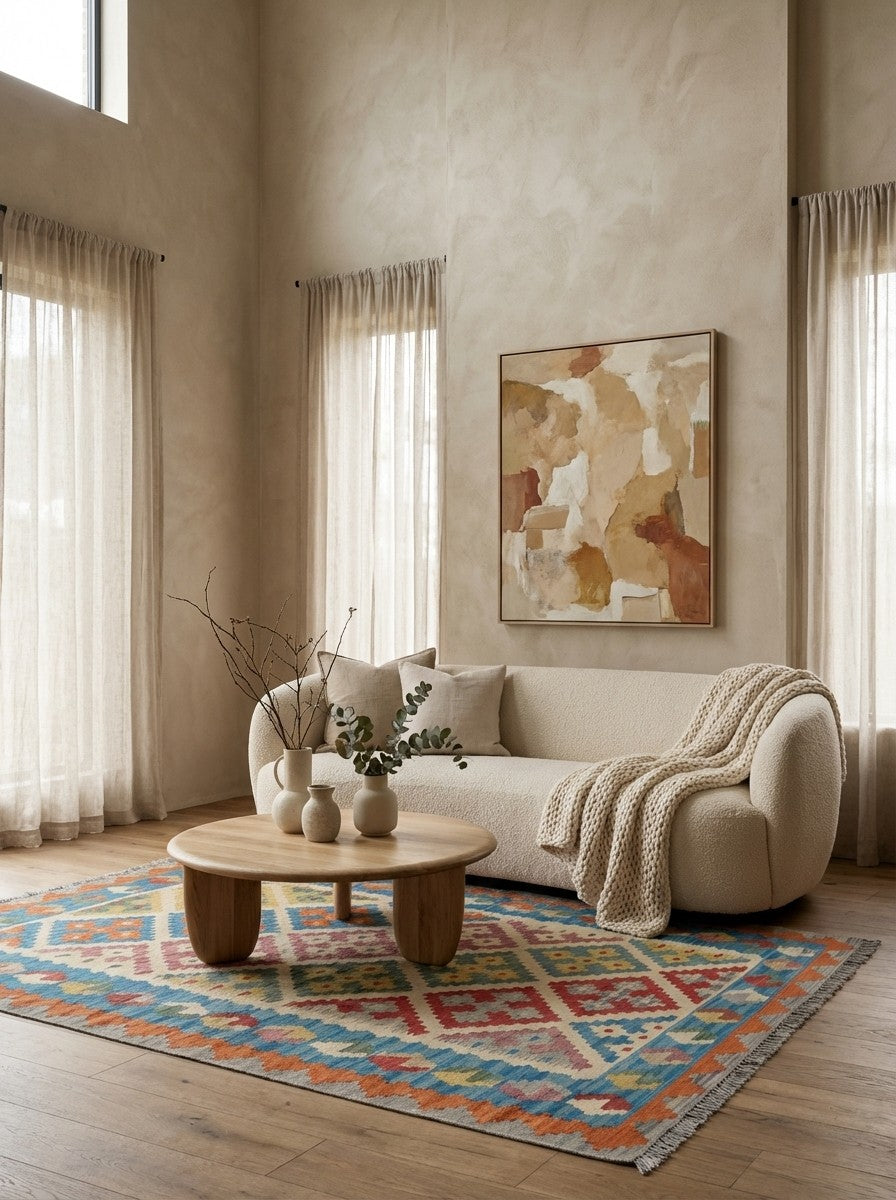 Kelim Gashgai — Handmade, 126x179 cm, Beige, 100% Virgin Wool | Detail view