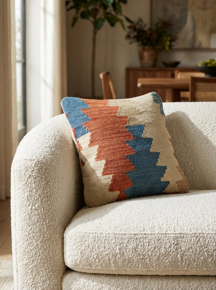 Kelim Kissen — Handgefertigt, 40x40 cm, Bunt, 100% Virgin Wool | Detail view