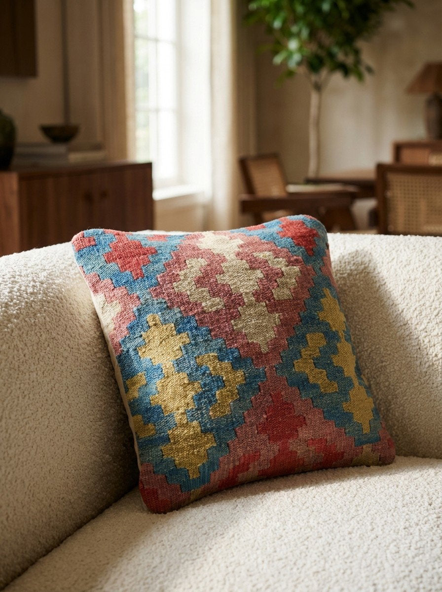 Kelim Kissen — Handgefertigt, 40x40 cm, Bunt, 100% Virgin Wool | Detail view