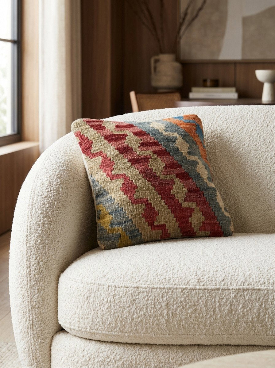 Kelim Kissen — Handgefertigt, 40x40 cm, Bunt, 100% Virgin Wool | Detail view