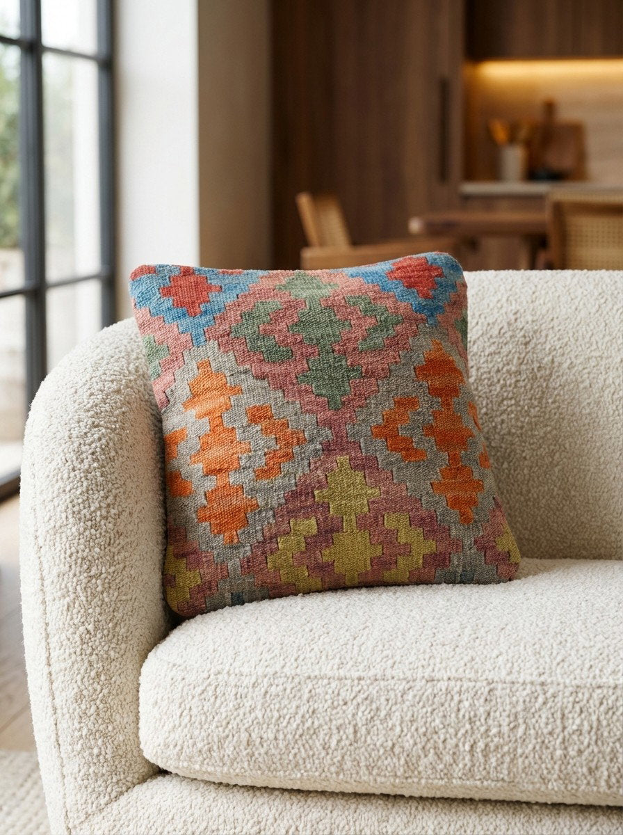 Kelim Kissen — Handgefertigt, 40x40 cm, Bunt, 100% Virgin Wool | Detail view
