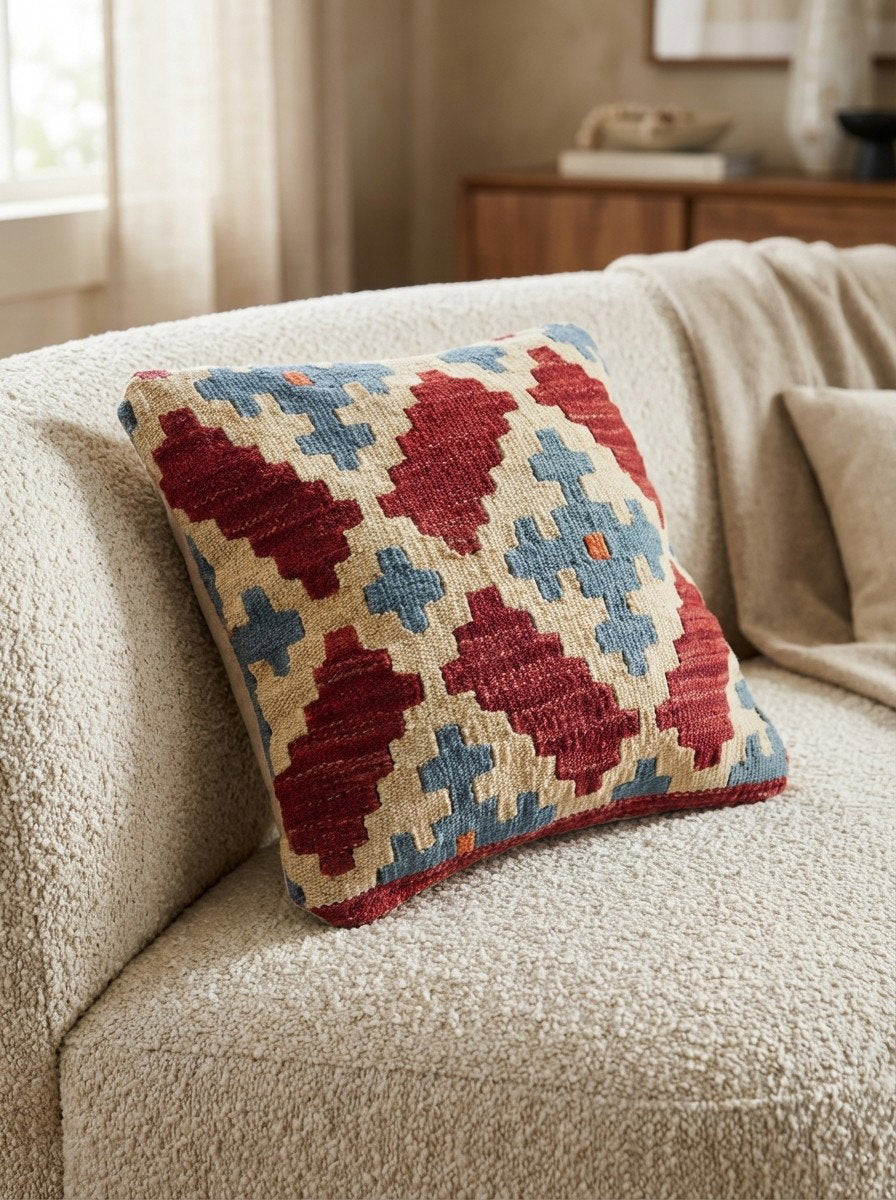 Kelim Kissen — Handgefertigt, 40x40 cm, Bunt, 100% Virgin Wool | Detail view