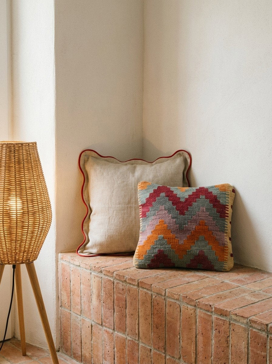 Kelim Kissen — Handgefertigt, 40x40 cm, Bunt, 100% Virgin Wool | Back view