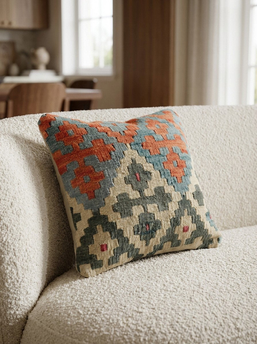 Kelim Kissen — Handgefertigt, 40x40 cm, Bunt, 100% Virgin Wool | Detail view