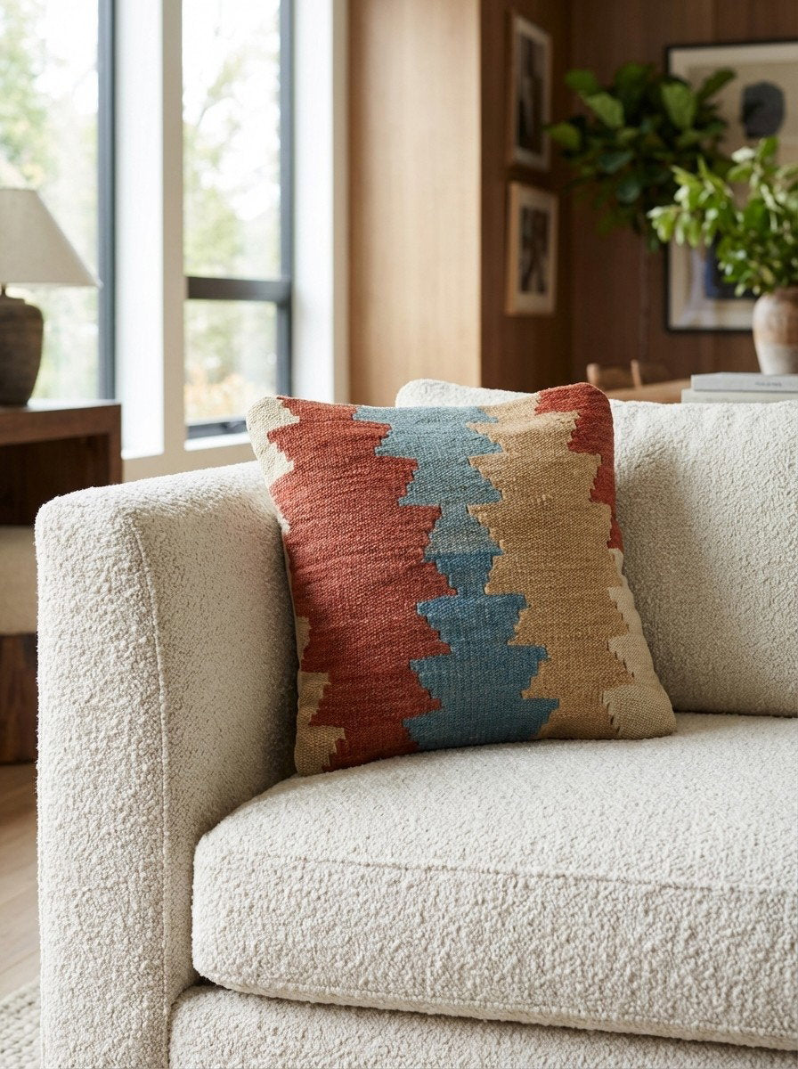 Kelim Kissen — Handgefertigt, 40x40 cm, Bunt, 100% Virgin Wool | Detail view