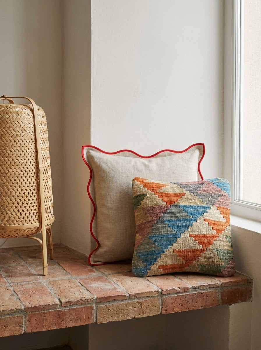 Kelim Kissen — Handgefertigt, 40x40 cm, Bunt, 100% Virgin Wool | Back view