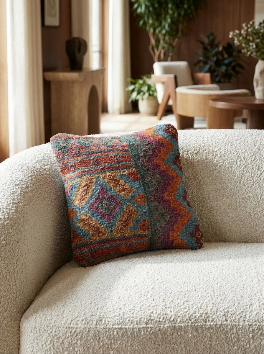 Kelim Kissen — Handgefertigt, 40x40 cm, Bunt, 100% Virgin Wool | Detail view