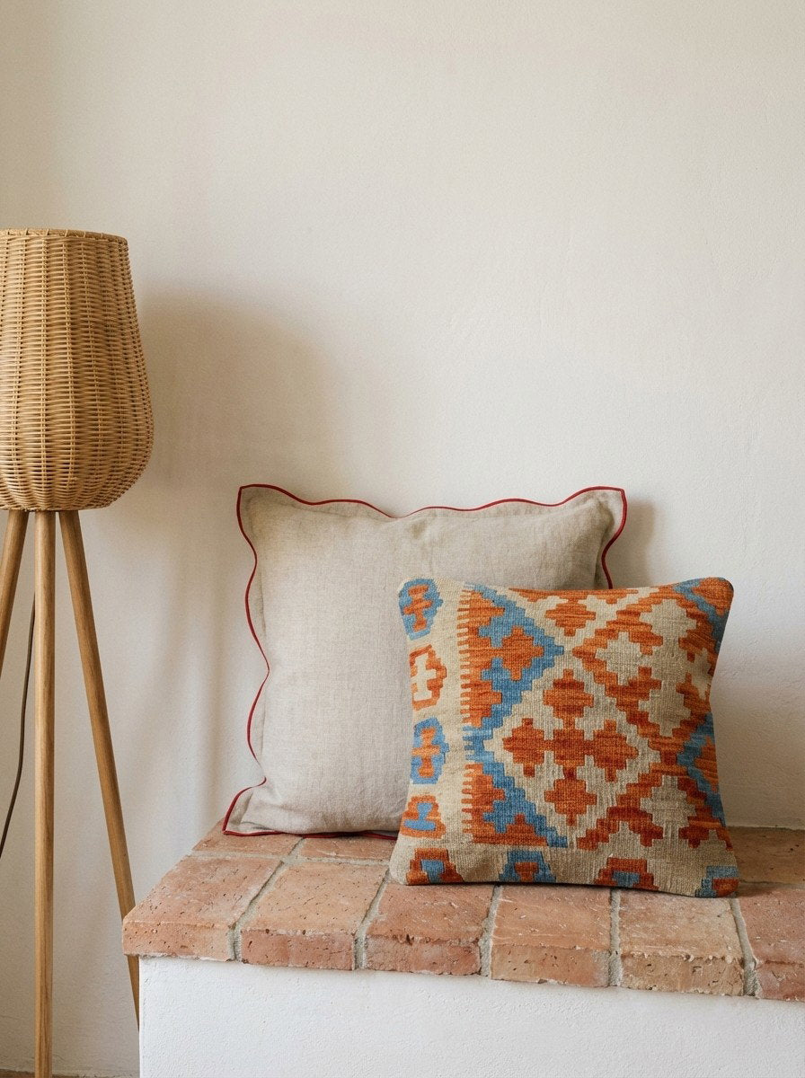 Kelim Kissen — Handgefertigt, 50x50 cm, Bunt, 100% Virgin Wool | Back view