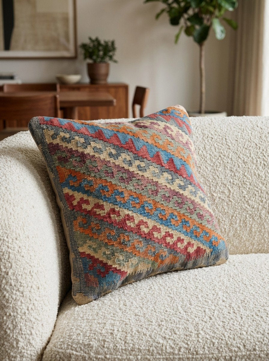 Kelim Kissen — Handgefertigt, 50x50 cm, Bunt, 100% Virgin Wool | Detail view