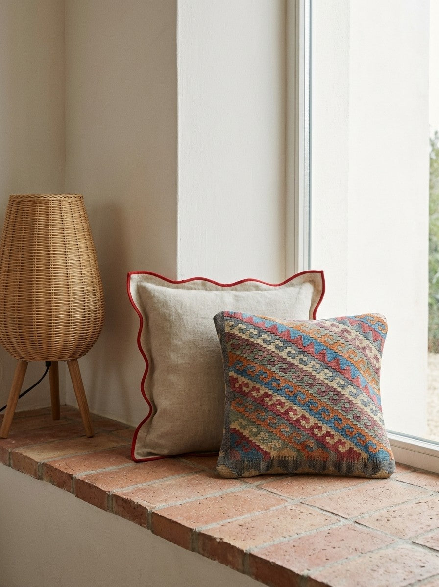 Kelim Kissen — Handmade, 50x50 cm, Multicolor, 100% Virgin Wool | Back view