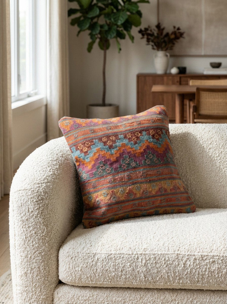 Kelim Kissen — Handgefertigt, 50x50 cm, Bunt, 100% Virgin Wool | Detail view
