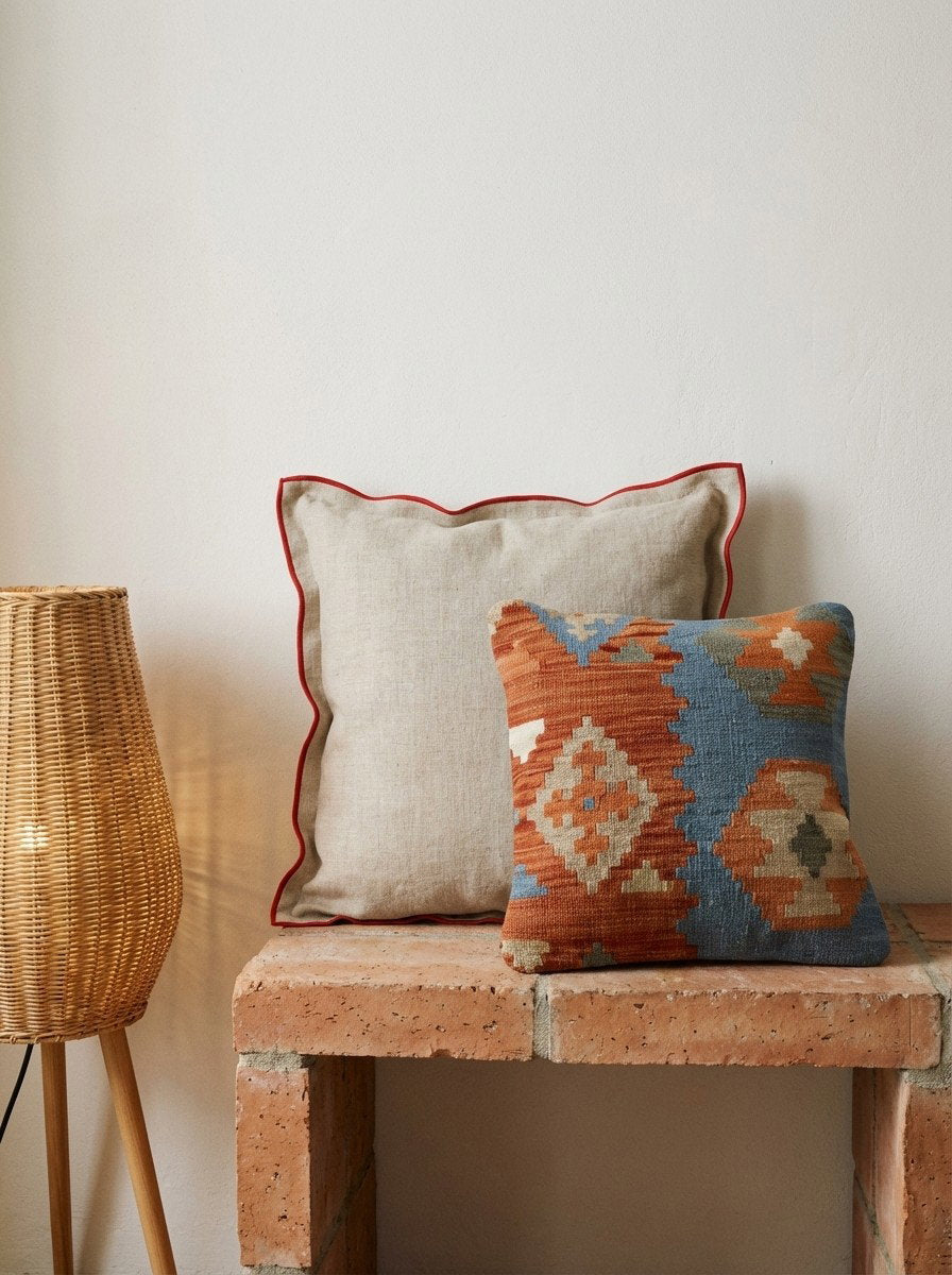 Kelim Kissen — Handgefertigt, 50x50 cm, Bunt, 100% Virgin Wool | Back view