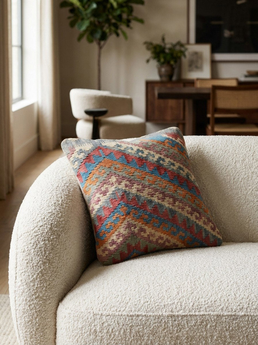 Kelim Kissen — Handgefertigt, 50x50 cm, Bunt, 100% Virgin Wool | Detail view