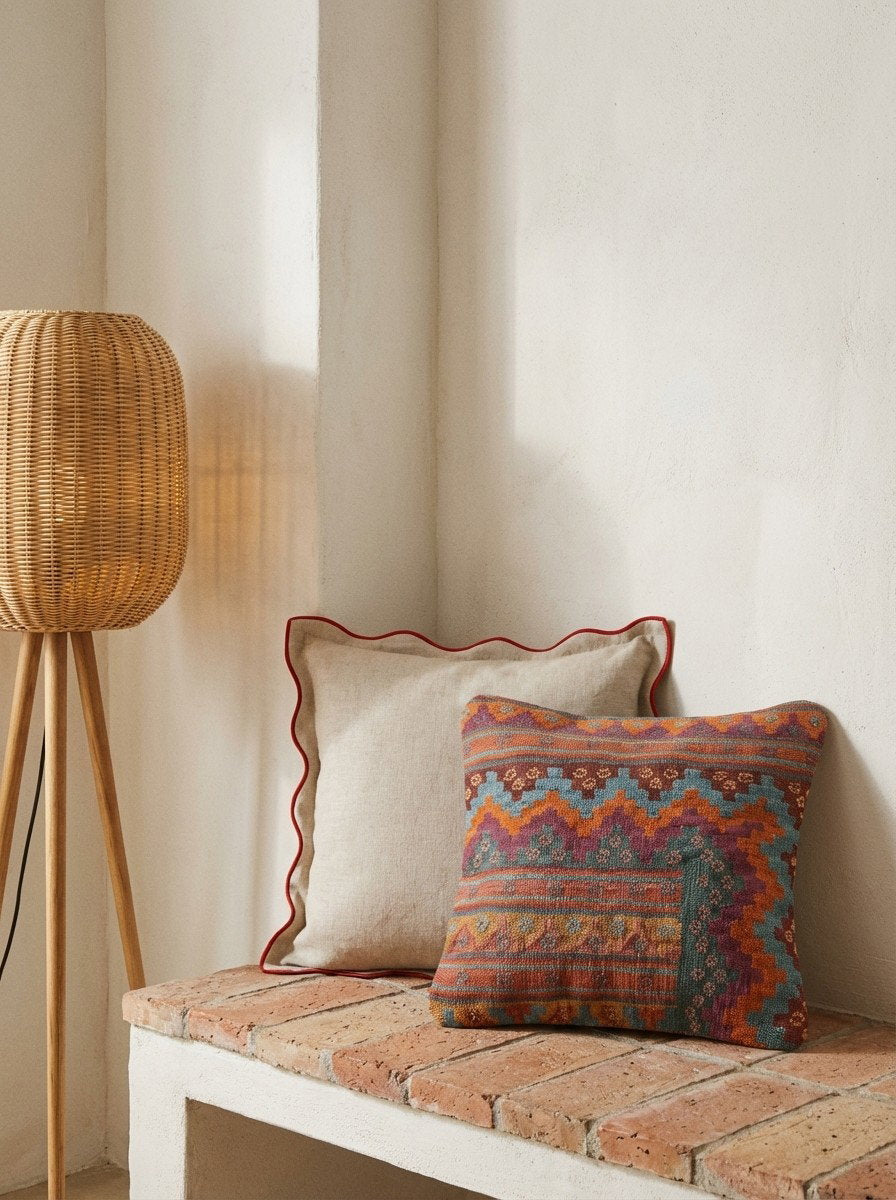 Kelim Kissen — Handgefertigt, 50x50 cm, Bunt, 100% Virgin Wool | Back view