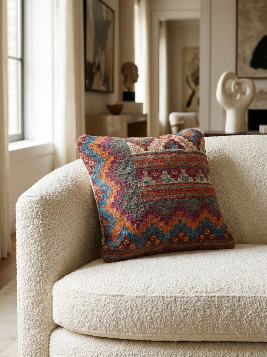 Kelim Kissen — Handgefertigt, 50x50 cm, Bunt, 100% Virgin Wool | Detail view
