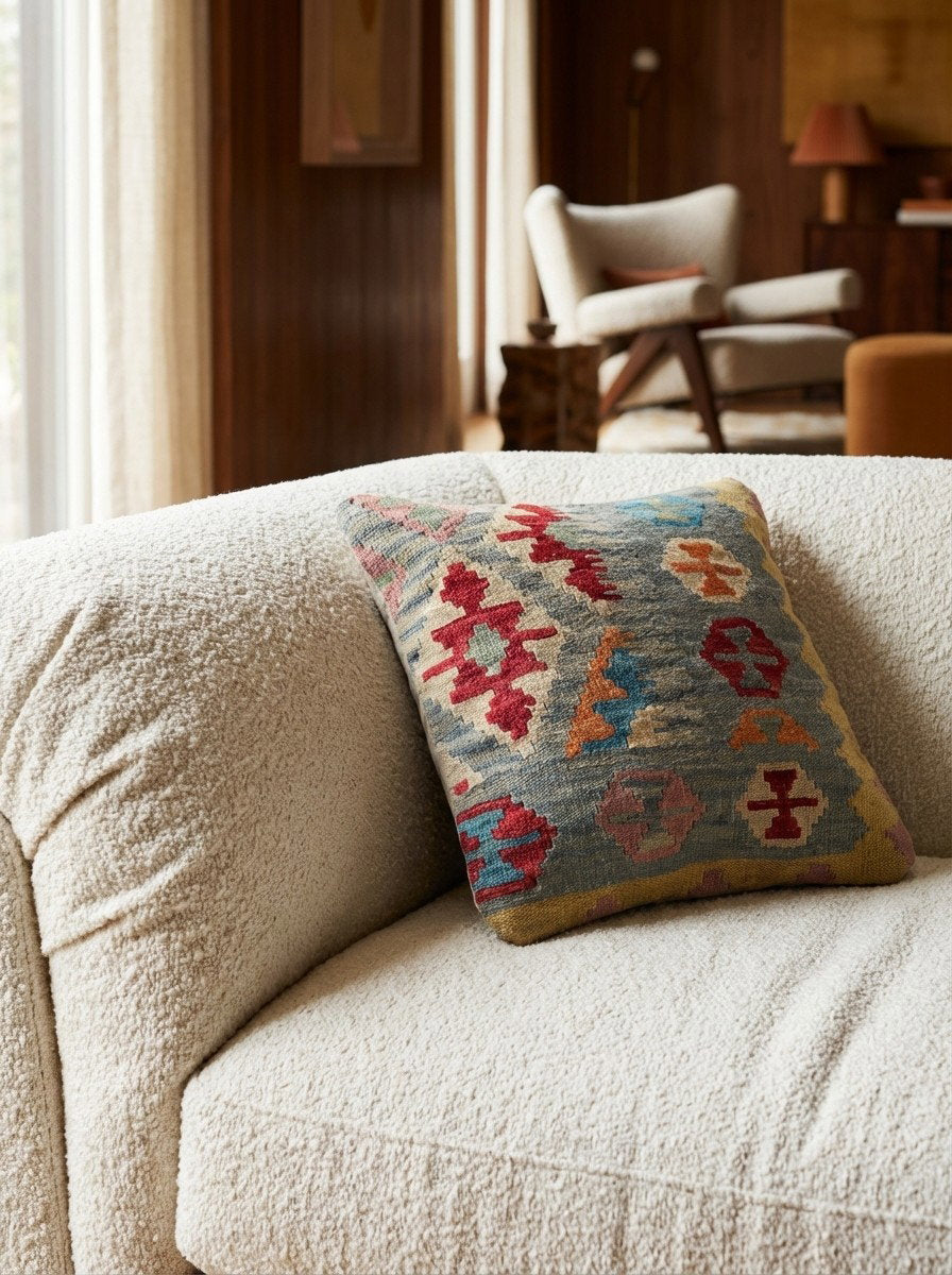 Kelim Kissen — Handgefertigt, 50x50 cm, Bunt, 100% Virgin Wool | Detail view