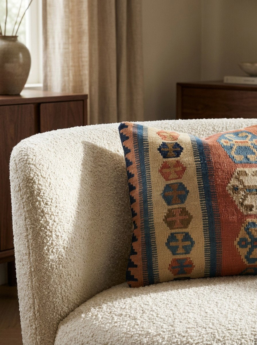 Kelim Kissen — Handgefertigt, 50x50 cm, Bunt, 100% Virgin Wool | Detail view