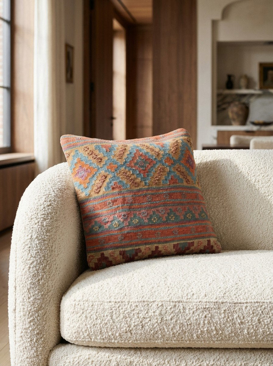 Kelim Kissen — Handgefertigt, 50x50 cm, Bunt, 100% Virgin Wool | Detail view