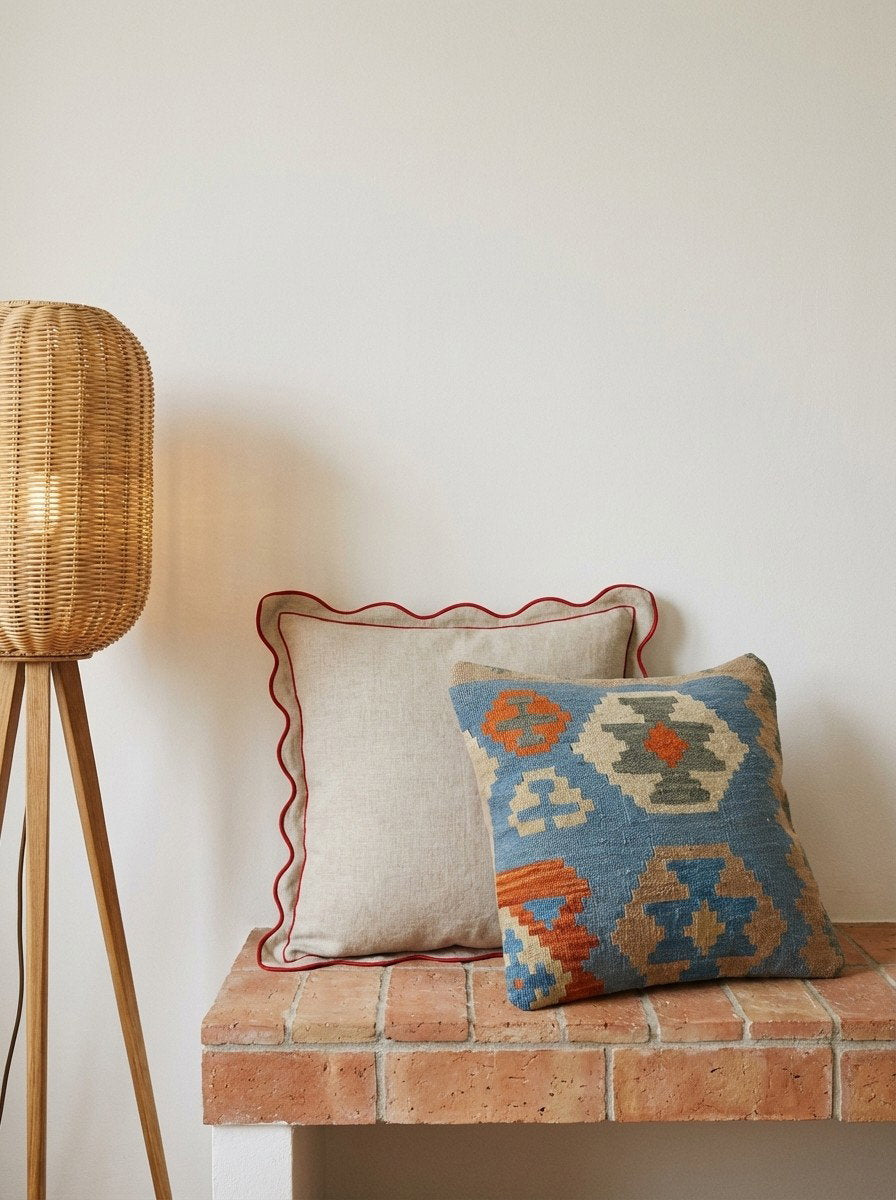 Kelim Kissen — Handgefertigt, 50x50 cm, Bunt, 100% Virgin Wool | Detail view