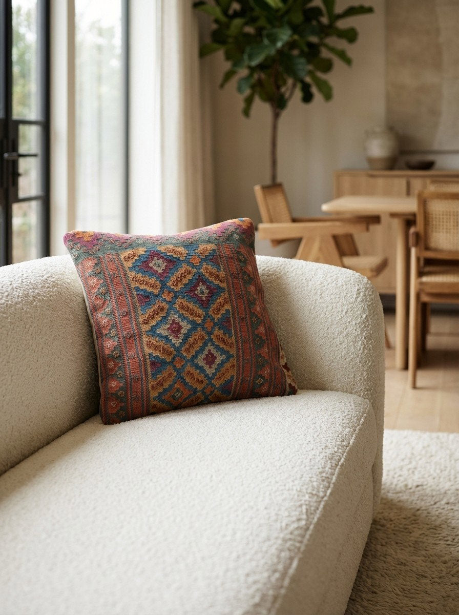 Kelim Kissen — Handgefertigt, 65x65 cm, Bunt, 100% Virgin Wool | Detail view