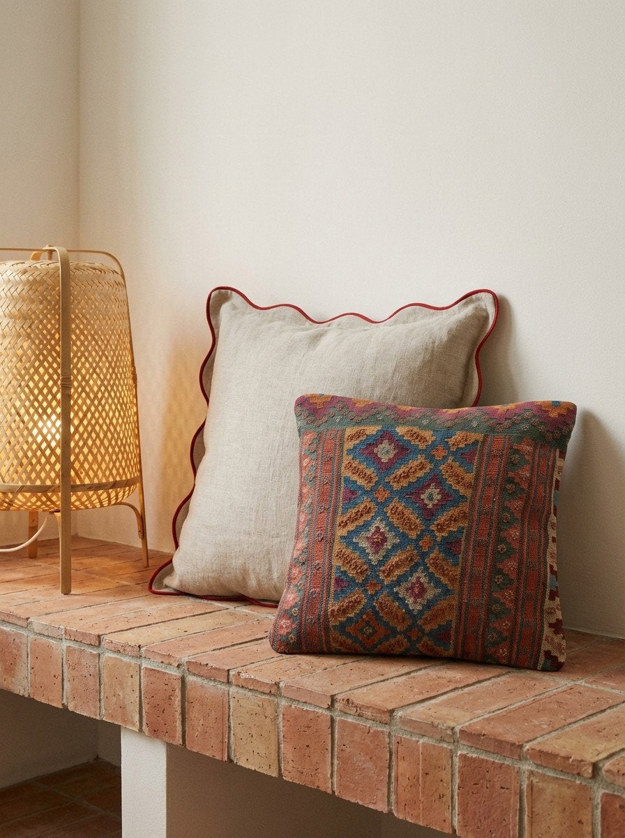 Kelim Kissen — Handgefertigt, 65x65 cm, Bunt, 100% Virgin Wool | Back view