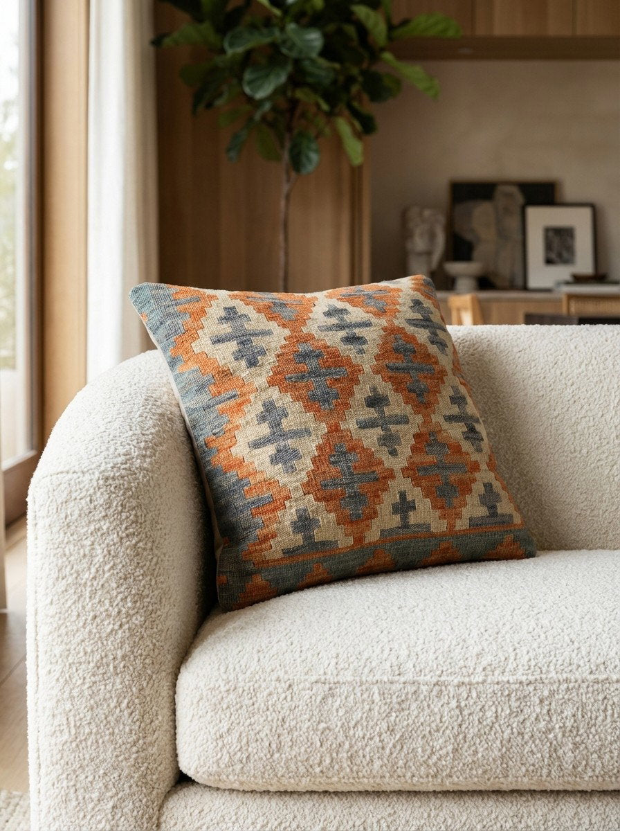 Kelim Kissen — Handgefertigt, 65x65 cm, Bunt, 100% Virgin Wool | Detail view