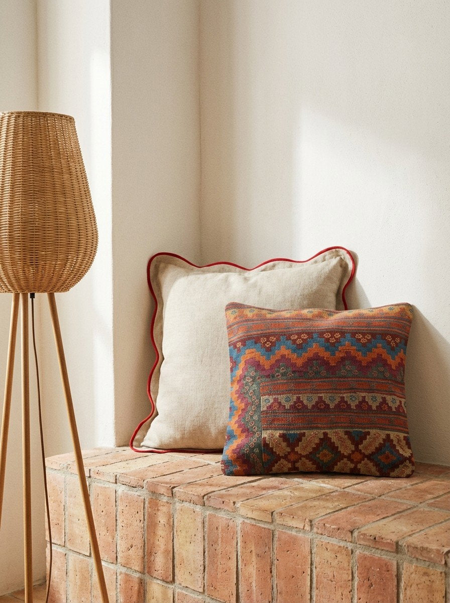 Kelim Kissen — Handgefertigt, 65x65 cm, Bunt, 100% Virgin Wool | Back view