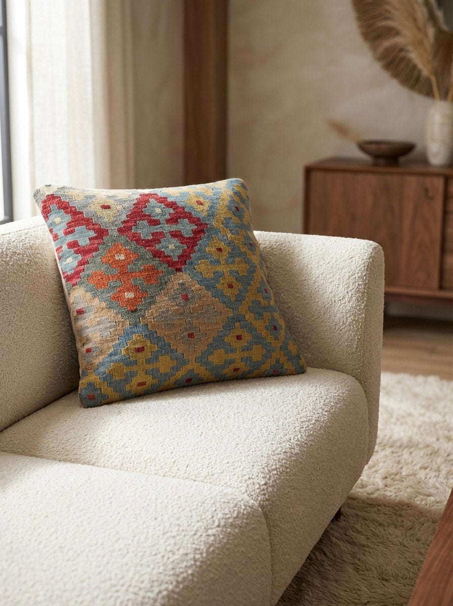 Kelim Kissen — Handgefertigt, 65x65 cm, Bunt, 100% Virgin Wool | Detail view