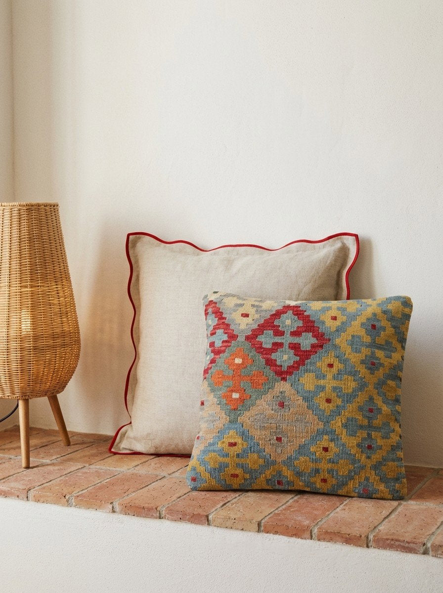 Kelim Kissen — Handgefertigt, 65x65 cm, Bunt, 100% Virgin Wool | Back view