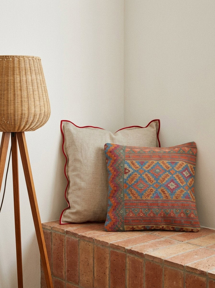 Kelim Kissen — Handgefertigt, 65x65 cm, Bunt, 100% Virgin Wool | Detail view