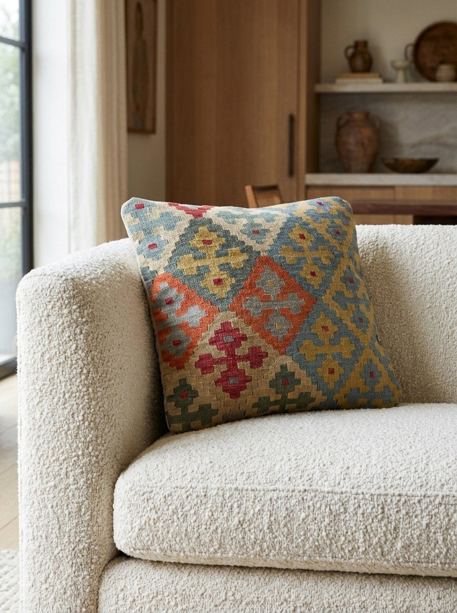 Kelim Kissen — Handgefertigt, 65x65 cm, Bunt, 100% Virgin Wool | Detail view