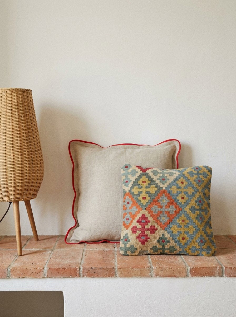 Kelim Kissen — Handgefertigt, 65x65 cm, Bunt, 100% Virgin Wool | Back view