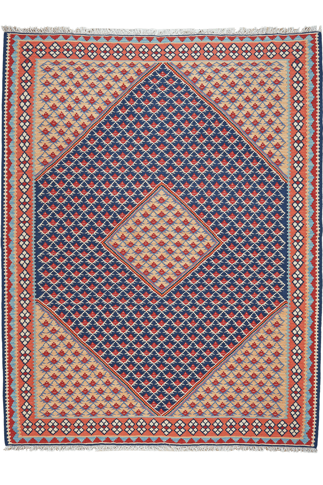 Kelim Senneh — Handmade, 152x195 cm, Blue, 100% Virgin Wool | Main view