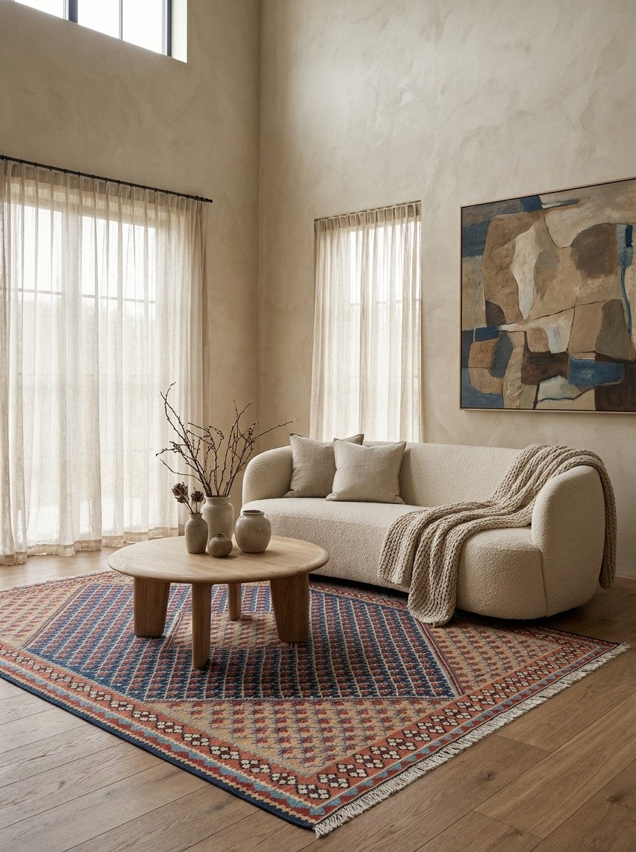 Kelim Senneh — Handmade, 151x198 cm, Blue, 100% Virgin Wool | Detail view