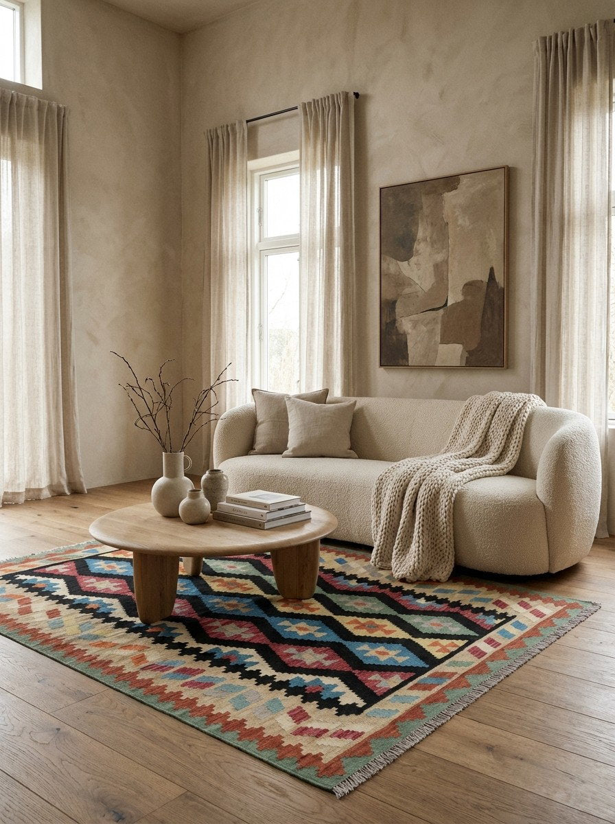 Kelim Gashgai — Handgefertigt, 197x157 cm, Beige, 100% Virgin Wool | Detail view