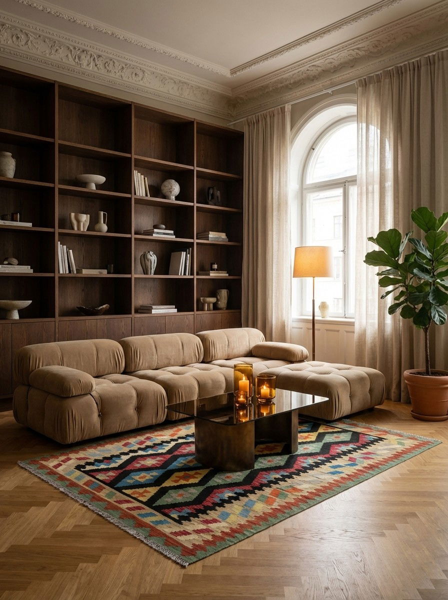 Kelim Gashgai — Handgefertigt, 197x157 cm, Beige, 100% Virgin Wool | Back view