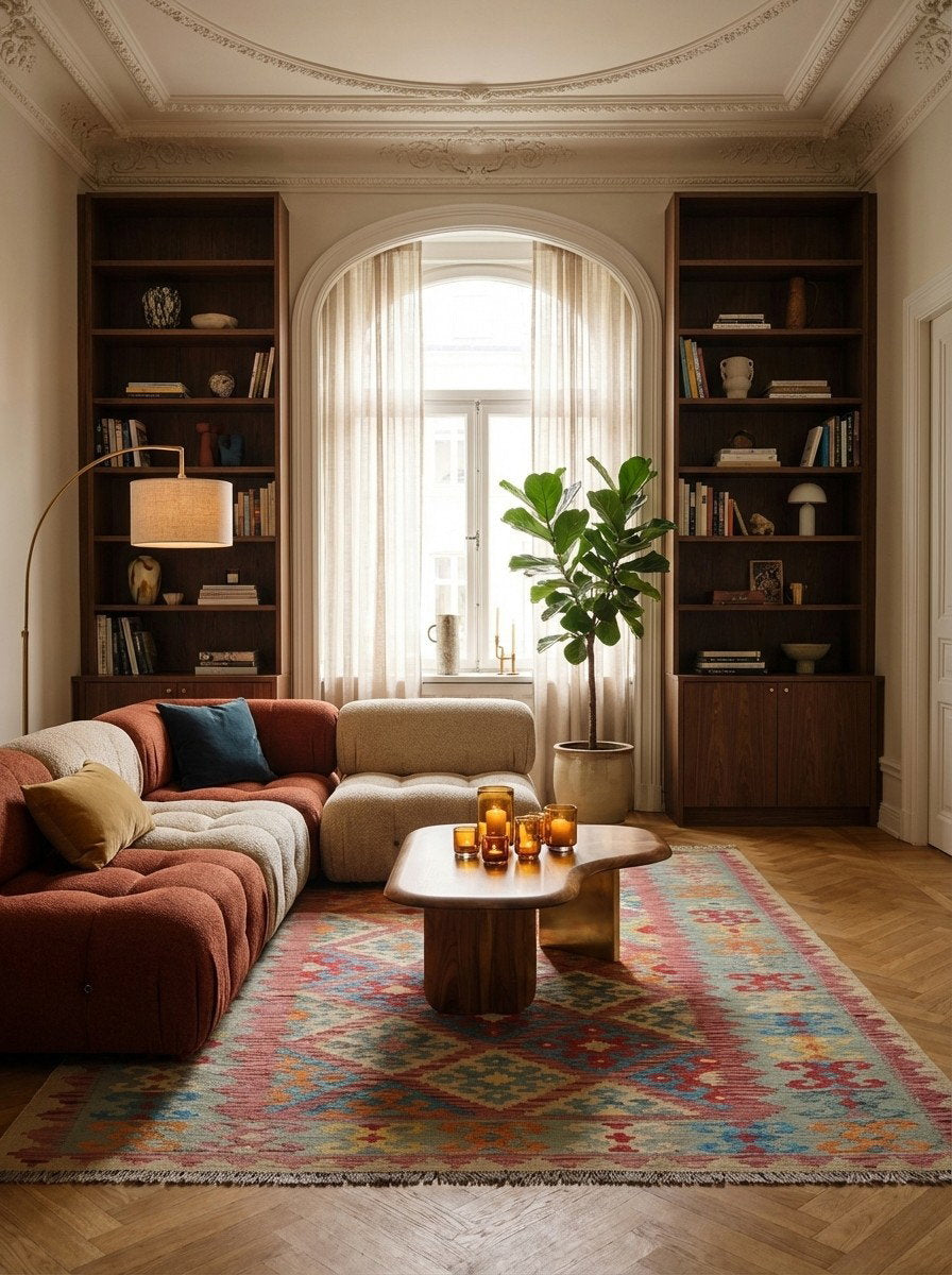 Kelim Gashgai — Handgefertigt, 249x184 cm, Grün, 100% Virgin Wool | Back view