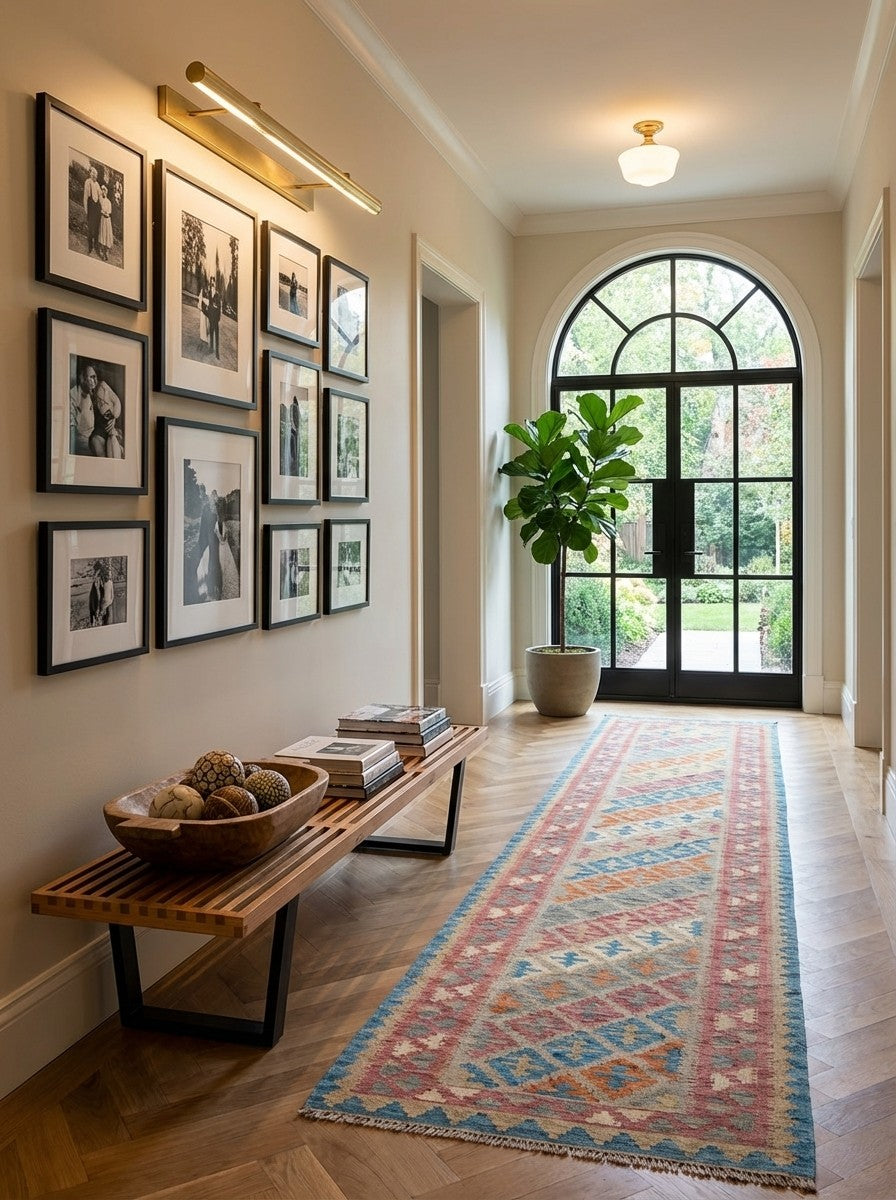 Kelim Gashgai — Handmade, 84x419 cm, Grey, 100% Virgin Wool | Detail view