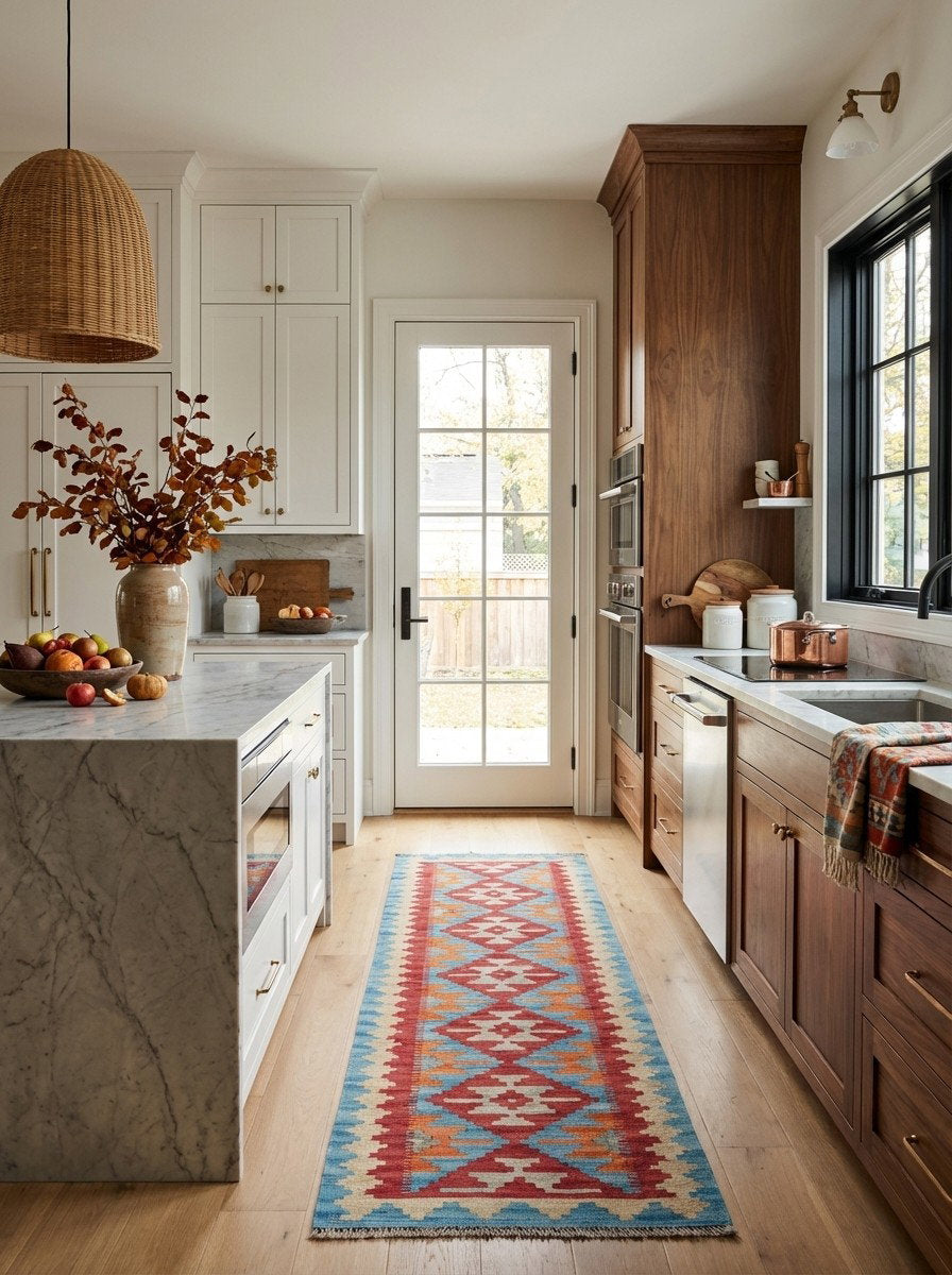 Kelim Gashgai — Handgefertigt, 192x58 cm, Beige, 100% Virgin Wool | Back view