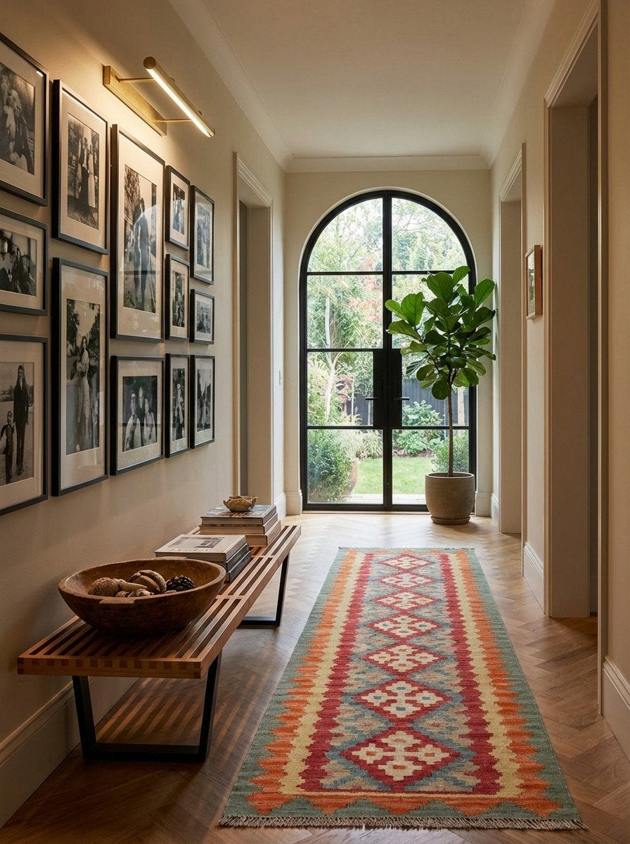 Kelim Gashgai — Handgefertigt, 200x60 cm, Bunt, 100% Virgin Wool | Detail view